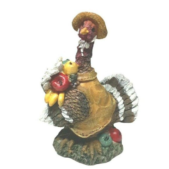 Resin Turkey Figurine with Straw Hat and Harvest Bounty Thanksgiving 4.4" - Picture 4 of 5